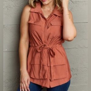 Ninexis Women's LG Sleeveless Collared Button Up Rust Top Drawstring Waist New